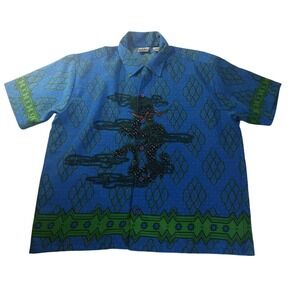 VTG City Streets Dragon Shirt‎ XL Tribal Print Macau Y2K Camp Button Up Retro